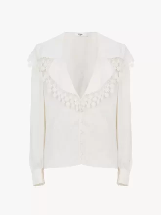 Bluse mit Maxikragen aus Seidenjacquard und Spitze