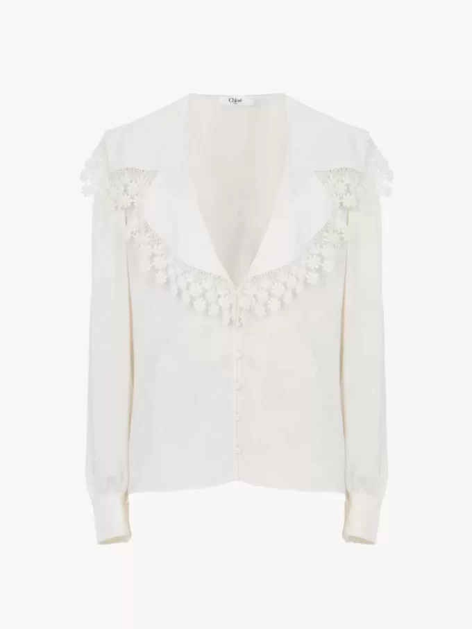 Bluse mit Maxikragen aus Seidenjacquard und Spitze Bluse mit Maxikragen aus Seidenjacquard und Spitze