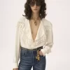 Bluse mit Maxikragen aus Seidenjacquard und Spitze Bluse mit Maxikragen aus Seidenjacquard und Spitze