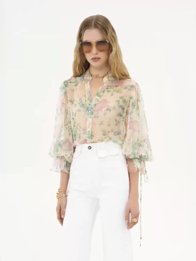 Bluse mit Puffärmeln aus Seidenmousseline