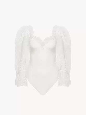 Body mit Puffärmeln aus glänzendem Stretch-Jersey und Spitze