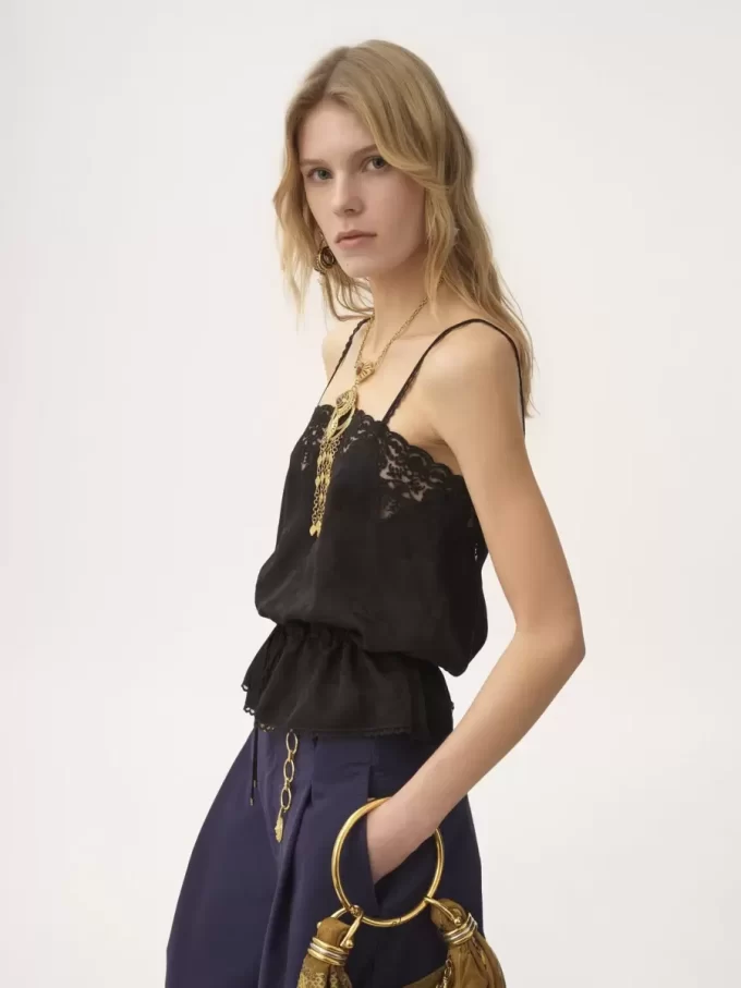 Camisole-Top mit Kordelzug aus Seidenjacquard und Spitze Camisole-Top mit Kordelzug aus Seidenjacquard und Spitze
