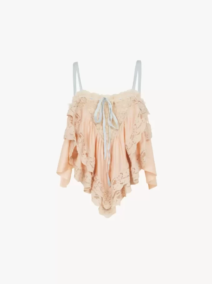 Camisole-Top mit Rüschen aus Seidencharmeuse und Spitze Camisole-Top mit Rüschen aus Seidencharmeuse und Spitze