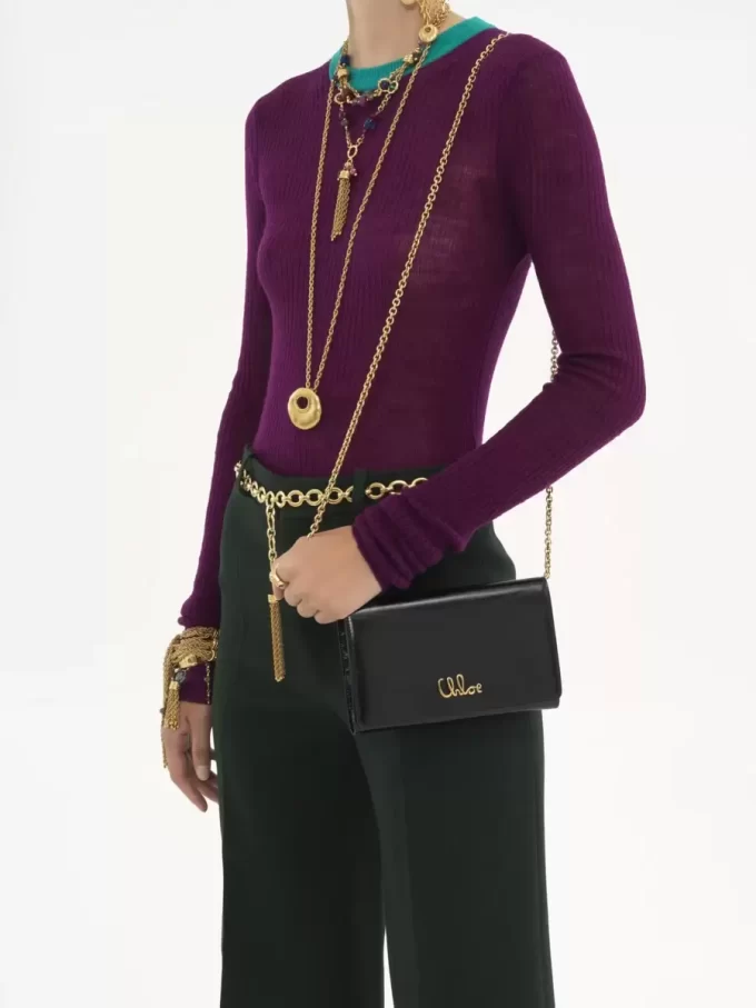 Chloé Iconic Klappengeldbörse an Kette aus glänzendem Leder
