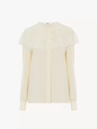 Geraffte Bluse aus Crêpe de Chine und Spitze