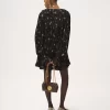 Gerafftes Langarm-Minikleid aus Seidencharmeuse