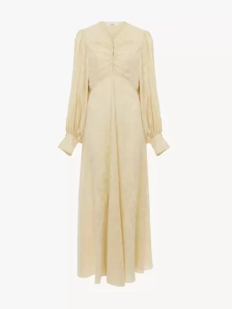 Gerüschtes langes Kleid aus Seidenjacquard