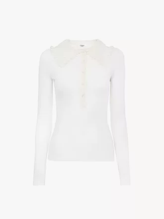 Henley-Shirt mit Kragen aus superfeinem Wollstrick und Spitze