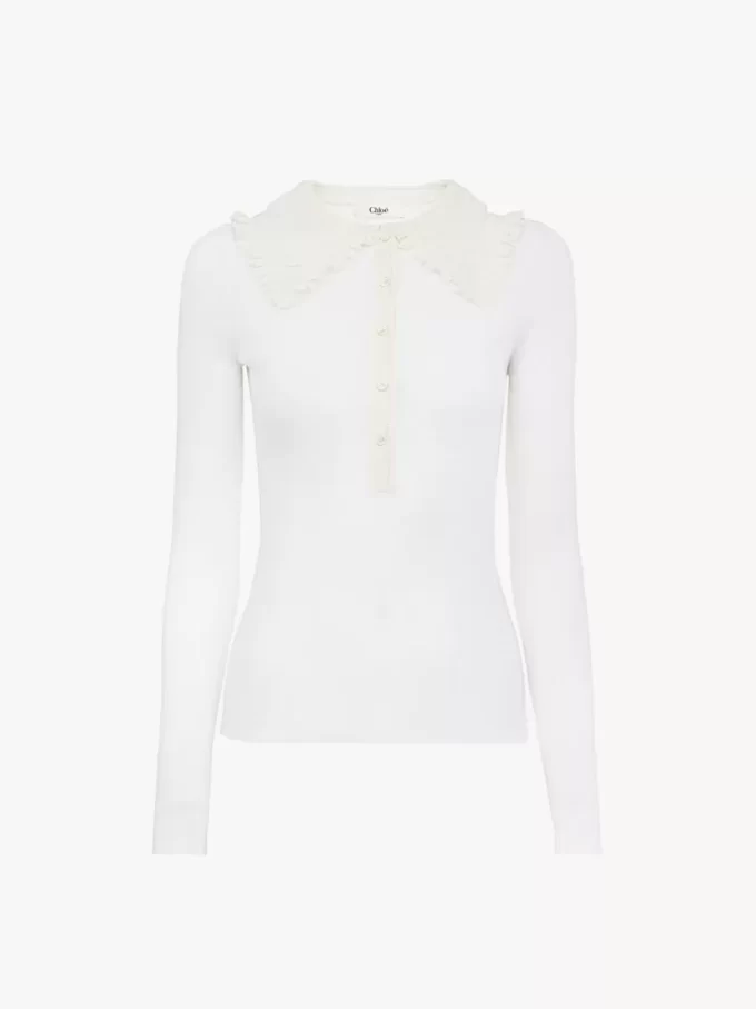 Henley-Shirt mit Kragen aus superfeinem Wollstrick und Spitze Henley-Shirt mit Kragen aus superfeinem Wollstrick und Spitze
