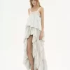 High-Low-Rüschenkleid aus Habotai-Seide und Spitze High-Low-Rüschenkleid aus Habotai-Seide und Spitze