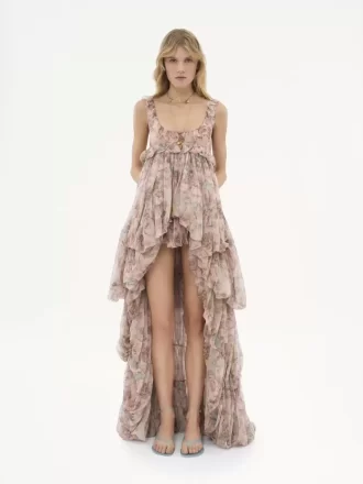 High-Low-Rüschenkleid aus Seidenmousseline