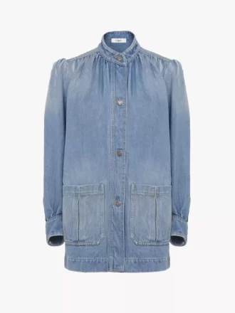 Hochgeschlossene, geraffte Jacke aus Denim