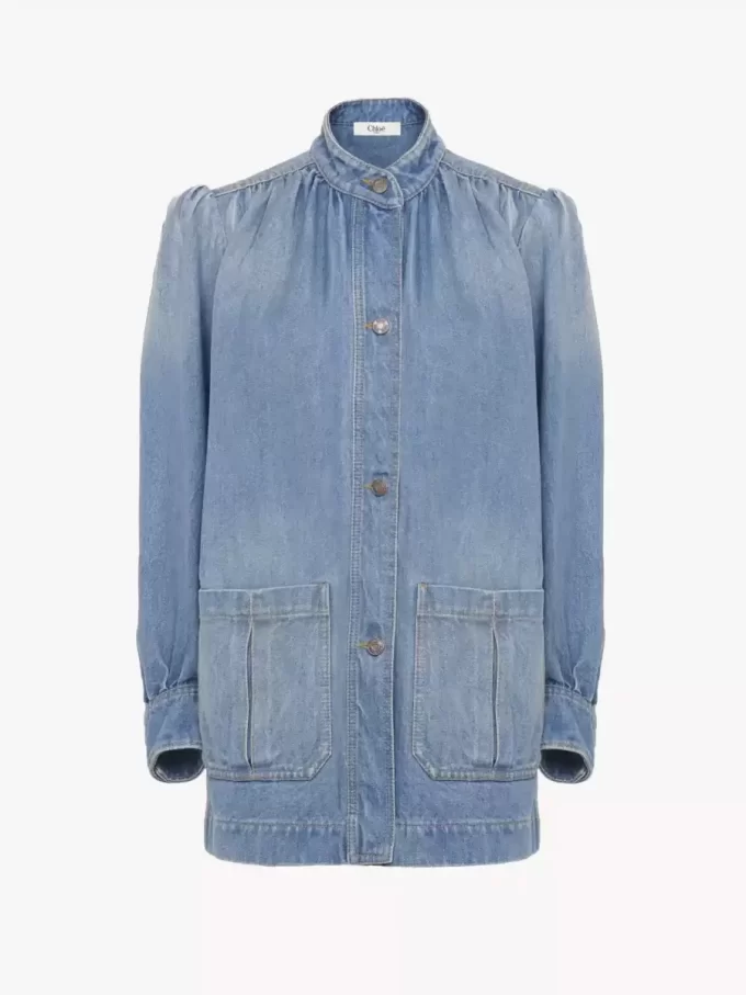 Hochgeschlossene, geraffte Jacke aus Denim