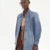 Hochgeschlossene, geraffte Jacke aus Denim