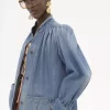 Hochgeschlossene, geraffte Jacke aus Denim