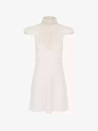 Hochgeschlossenes Minikleid aus Jacquard-Seide und Spitze