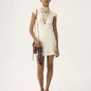 Hochgeschlossenes Minikleid aus Jacquard-Seide und Spitze Hochgeschlossenes Minikleid aus Jacquard-Seide und Spitze