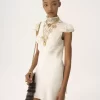 Hochgeschlossenes Minikleid aus Jacquard-Seide und Spitze Hochgeschlossenes Minikleid aus Jacquard-Seide und Spitze