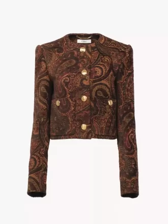 Kastig geschnittene Jacke ohne Kragen aus Gobelin-Jacquard