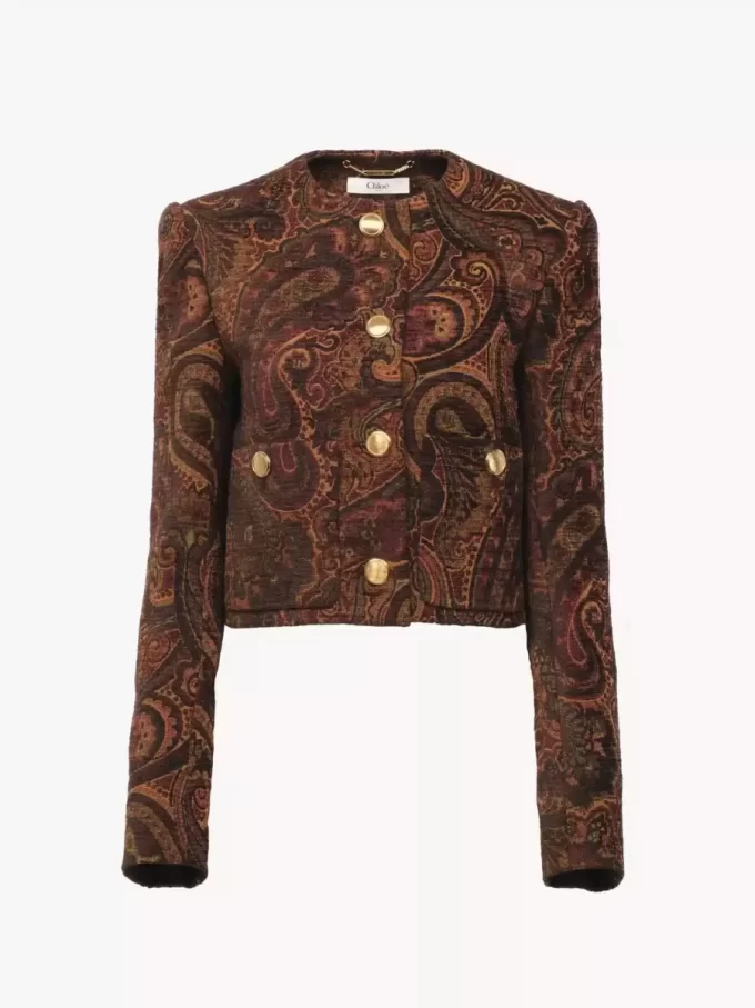 Kastig geschnittene Jacke ohne Kragen aus Gobelin-Jacquard Kastig geschnittene Jacke ohne Kragen aus Gobelin-Jacquard
