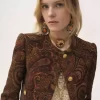 Kastig geschnittene Jacke ohne Kragen aus Gobelin-Jacquard Kastig geschnittene Jacke ohne Kragen aus Gobelin-Jacquard