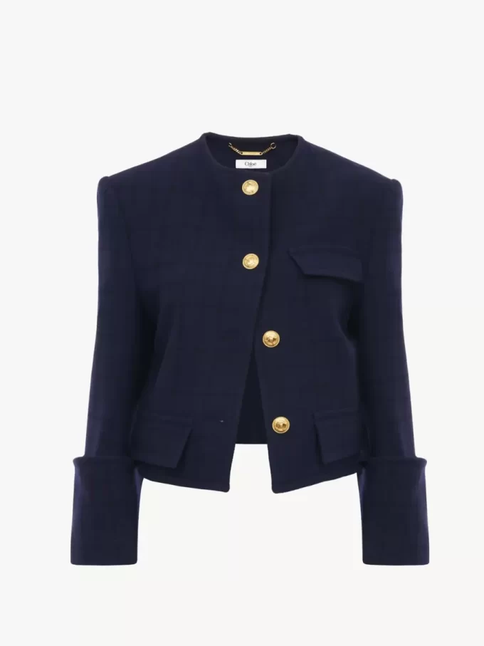 Kastige, kragenlose Jacke aus Wolle mit Karomuster Kastige, kragenlose Jacke aus Wolle mit Karomuster