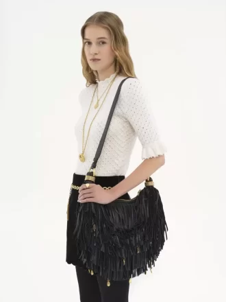 Kleine Hobo-Tasche mit Armband aus Leder mit Fransen
