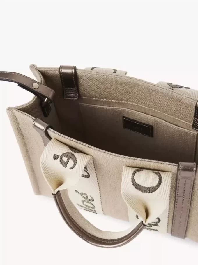 Kleine Woody-Einkaufstasche aus Leinen und Leder Kleine Woody-Einkaufstasche aus Leinen und Leder