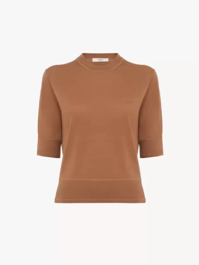 Kurzarm-Logo-Pullover aus feinem Merinowollstrick Kurzarm-Logo-Pullover aus feinem Merinowollstrick