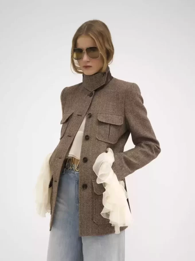 Lange Offiziersjacke aus Wolle mit Fischgrätmuster Lange Offiziersjacke aus Wolle mit Fischgrätmuster