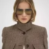 Lange Offiziersjacke aus Wolle mit Fischgrätmuster Lange Offiziersjacke aus Wolle mit Fischgrätmuster