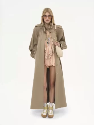 Langer Trenchcoat mit hohem Kragen aus Baumwollgabardine