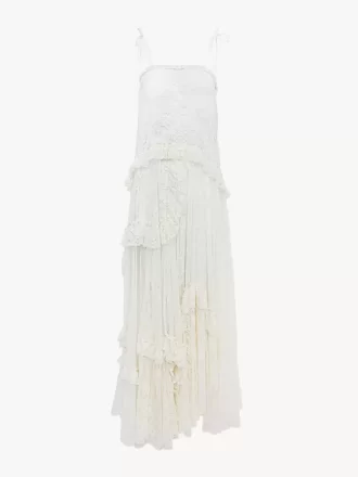 Langes Kleid mit dünnen Trägern aus bestickter Spitze
