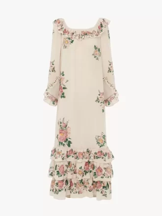Langes Kleid mit eckigem Ausschnitt und Rüschen aus Crêpe de Chine
