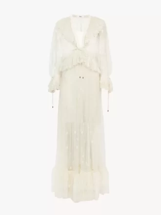 Langes Kleid mit gerafftem V-Ausschnitt aus bestickter Spitze