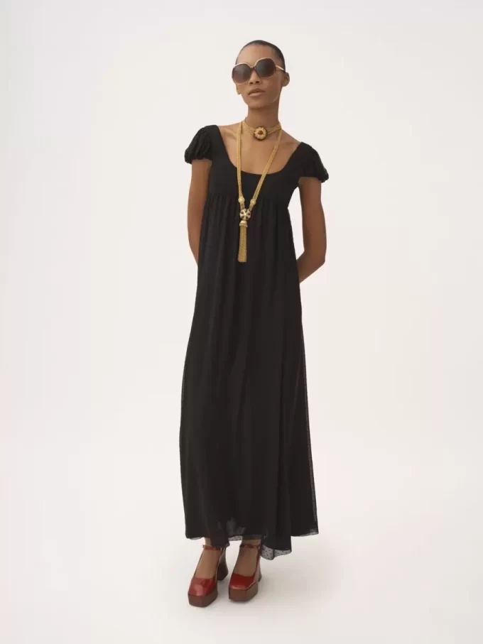 Langes Kleid mit Puffärmeln aus Plumetis-Seide Langes Kleid mit Puffärmeln aus Plumetis-Seide