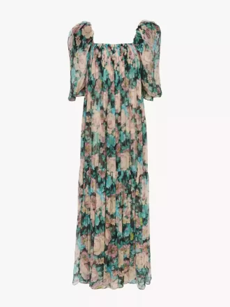 Langes Kleid mit Puffärmeln aus Seidenmousseline
