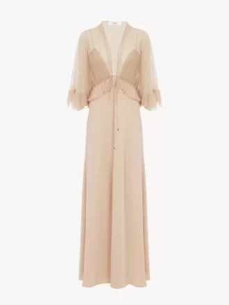 Langes Kleid mit V-Ausschnitt aus Crêpe-Satin