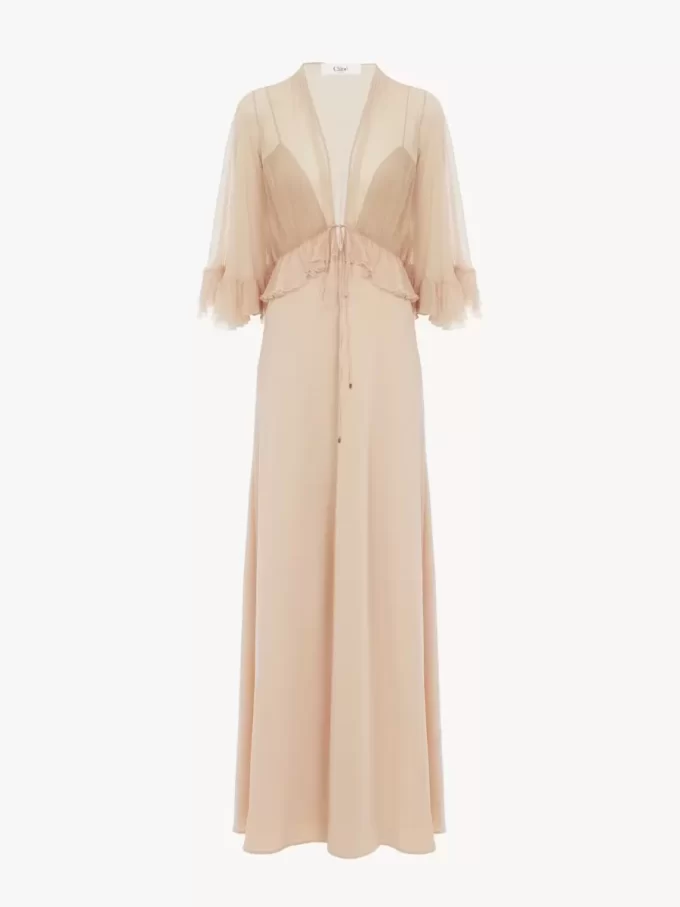 Langes Kleid mit V-Ausschnitt aus Crêpe-Satin Langes Kleid mit V-Ausschnitt aus Crêpe-Satin