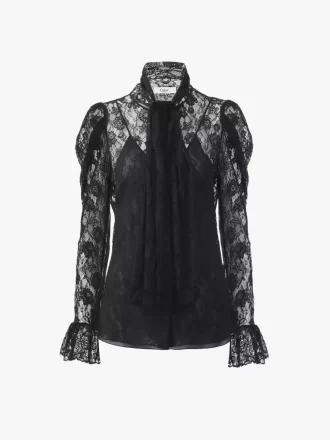 Lavallière-Top mit Puffärmeln aus floralem Spitzen-Jacquard