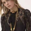 Lavallière-Top mit Puffärmeln aus floralem Spitzen-Jacquard Lavallière-Top mit Puffärmeln aus floralem Spitzen-Jacquard