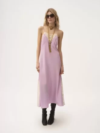 Midikleid mit dünnen Trägern aus Crêpe de Chine und Spitze