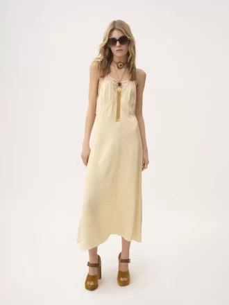 Midikleid mit dünnen Trägern aus Seidenjacquard und Spitze