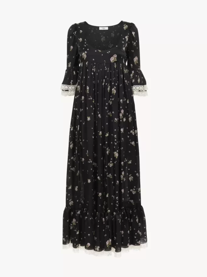 Midikleid mit U-Ausschnitt aus Seidencharmeuse und Spitze
