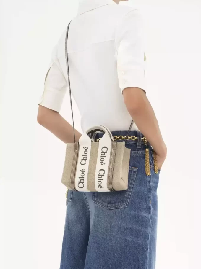 Mini-Einkaufstasche „Woody“ aus Leinen und Leder Mini-Einkaufstasche „Woody“ aus Leinen und Leder