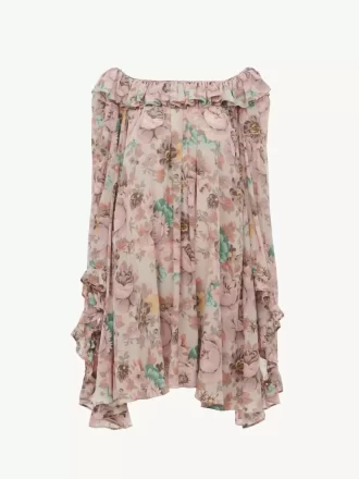 Minikleid mit eckigem Ausschnitt und Rüschen aus Crêpe de Chine