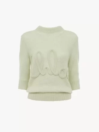 Pullover mit Logo und Ellenbogenärmeln aus Alpakawolle und Seidenstrick Pullover mit Logo und Ellenbogenärmeln aus Alpakawolle und Seidenstrick