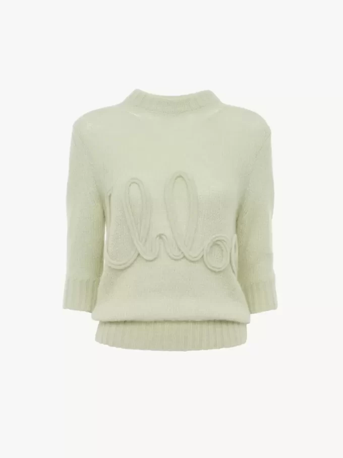 Pullover mit Logo und Ellenbogenärmeln aus Alpakawolle und Seidenstrick Pullover mit Logo und Ellenbogenärmeln aus Alpakawolle und Seidenstrick