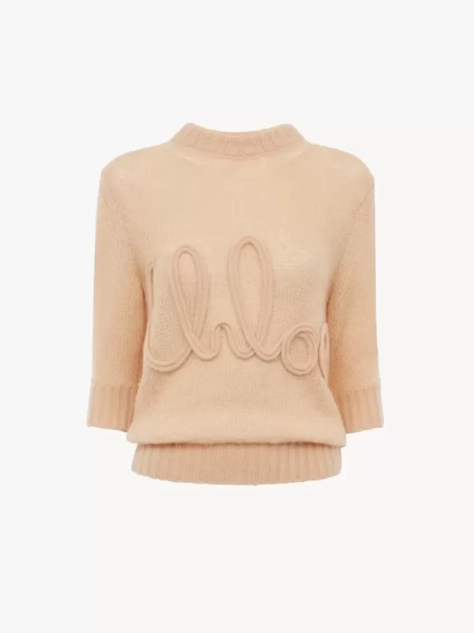 Pullover mit Logo und Ellenbogenärmeln aus Alpakawolle und Seidenstrick Pullover mit Logo und Ellenbogenärmeln aus Alpakawolle und Seidenstrick