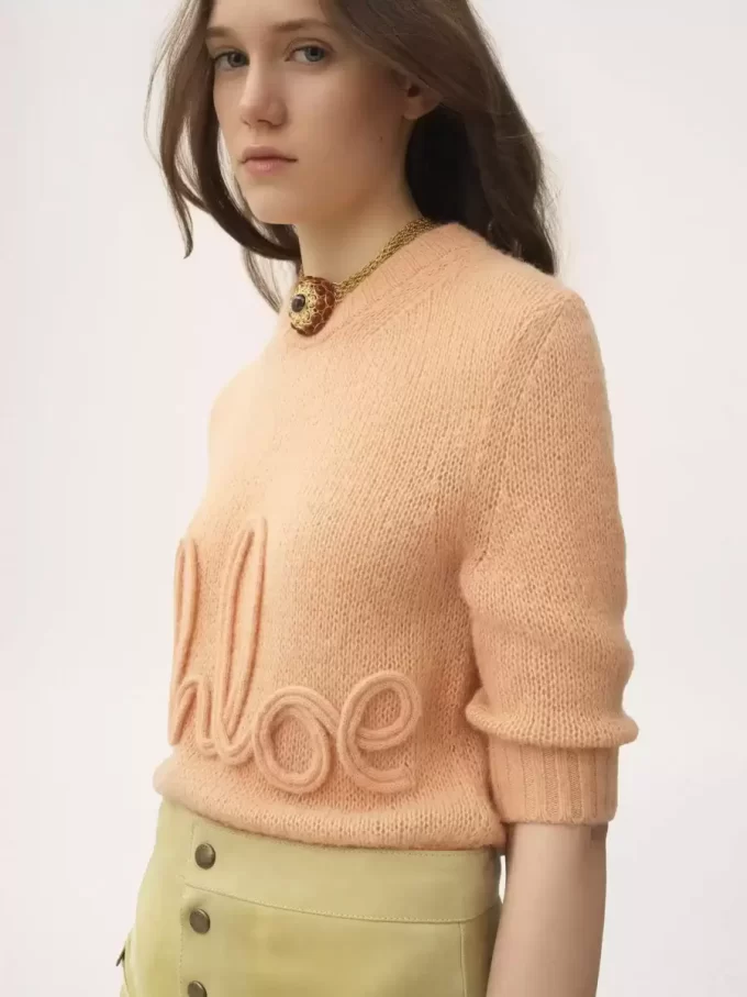 Pullover mit Logo und Ellenbogenärmeln aus Alpakawolle und Seidenstrick Pullover mit Logo und Ellenbogenärmeln aus Alpakawolle und Seidenstrick